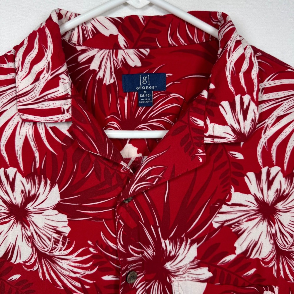 George Men's Floral Hawaiian Button Up Shirt‎ Red White Tropical Sz Medium